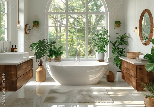 Bright modern bathroom with wooden accents and lush indoor plants