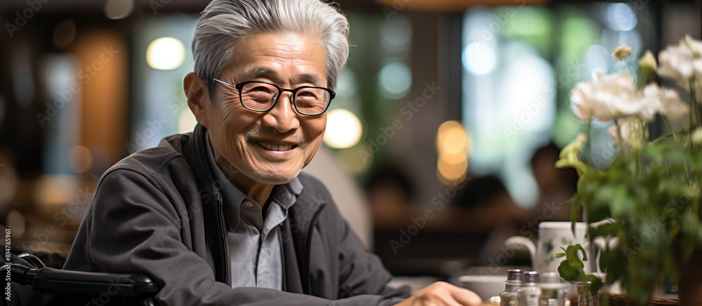 male nurse and old man in wheelchair, healthcare with patient and nursing home male nurse and old man in wheelchair, healthcare with patient and nursing home