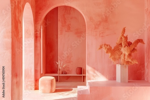 Zen-inspired yoga studio featuring spoty decor, natural wood floors, and large windows overlooking a tranquil garden. Beautiful simple AI generated image in 4K, unique. photo