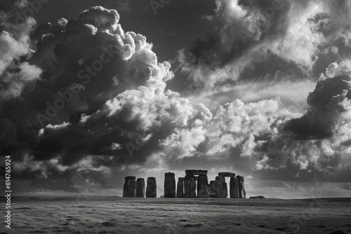 An enigmatic view of the Stonehenge monument standing stoically amidst the vast Salisbury Plain, with towering ancient stones silhouetted against a dramatic sky filled with clouds. photo