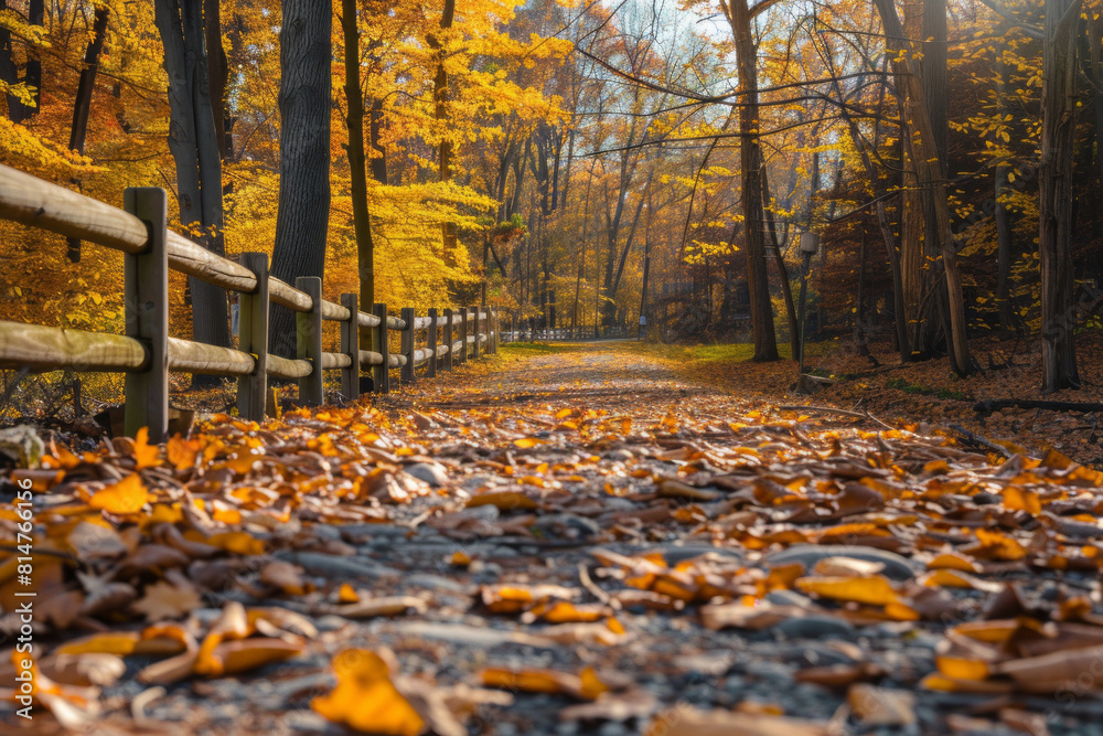 Autumn pathway in a sunlit park with vibrant fall colors Autumn pathway in a sunlit park with vibrant fall colors