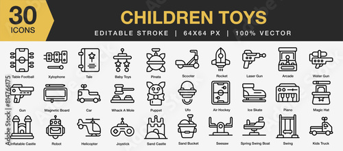 Set of 30 Children's toys icon sets. Editable Stroke Icon Collection. Includes tale, castle, puppet, board, piano, skate, and More. Outline icons vector collection.