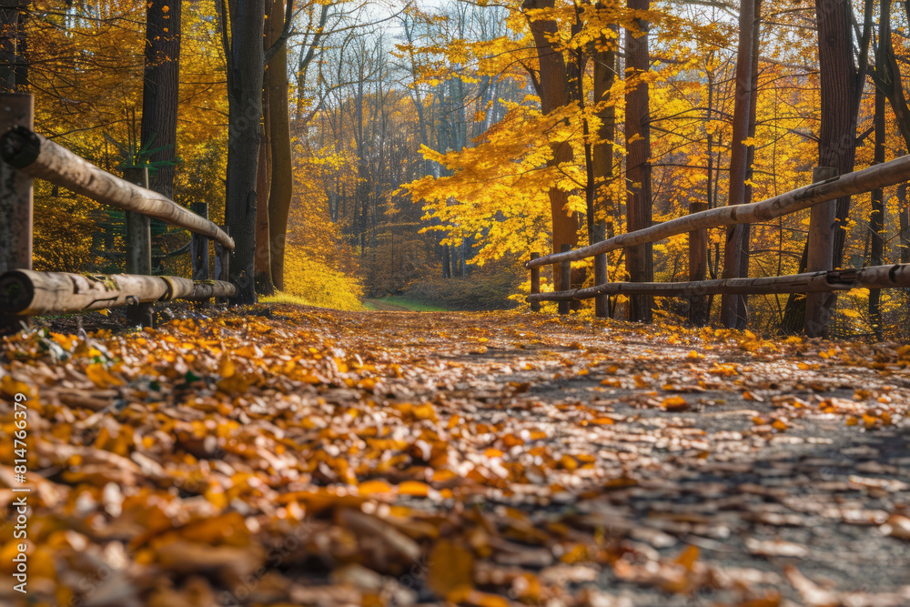 Vibrant autumn forest path with golden fallen leaves Vibrant autumn forest path with golden fallen leaves