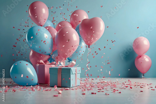 Fototapeta Naklejka Na Ścianę i Meble -  Gift box and balloons on blue wall background. 3d rendering