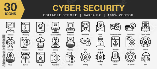 Set of 30 Cyber Security icon sets. Editable Stroke Icon Collection. Includes security, safety, hacker, attack, communication, bug, and More. Outline icons vector collection.