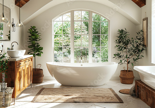 Luxurious spacious bathroom with natural light and modern fixtures