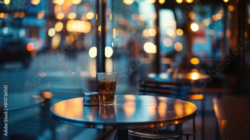 A serene evening setting with a glass of beer and an ashtray on a metal table at a street cafe, with blurred city lights in the backdrop