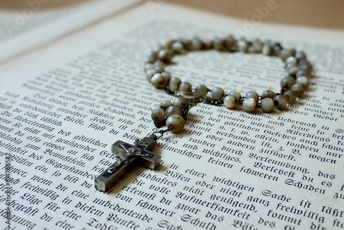Kette mit Jesus Kreuz als religiöses Symbol für Christentum und Religion, Rosenkranz mit Gebetbuch als Zeichen für Glauben und Gott