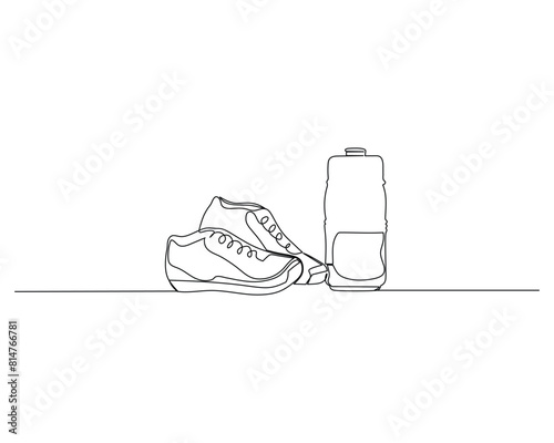 Continuous single line drawing of picture of shoes and tumblers usually used for morning runs. Healthy sport training concep design vector illustration