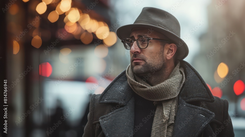 A sophisticated man wearing a hat, scarf, and glasses is standing on a city street with blurry lights in the background A sophisticated man wearing a hat, scarf, and glasses is standing on a city street with blurry lights in the background