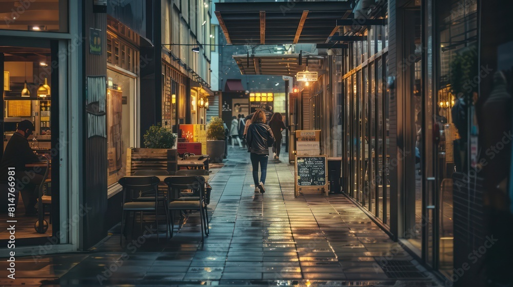 A person walks away from the camera down a cozy, illuminated alley with shops and warm lighting at night A person walks away from the camera down a cozy, illuminated alley with shops and warm lighting at night