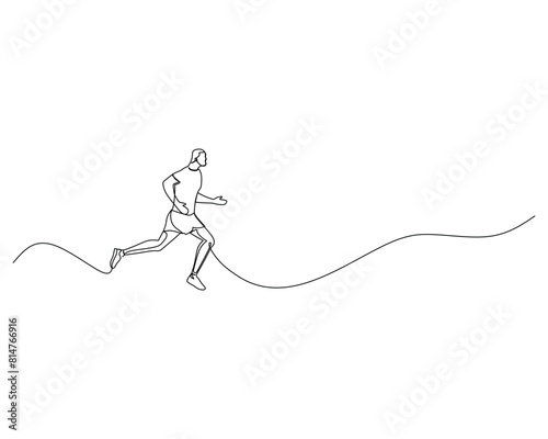 Continuous single line drawing of young man running in the morning on an uphill track. Healthy sport training concept. Design vector illustration