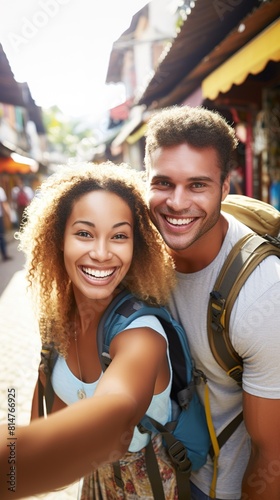 A backpacking multiracial couple snapping a selfie with locals from various ethnicities they met on their journey through bustling street markets, showcasing the cultural exchange and friendships photo