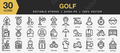 Set of 30 Golf sport icon sets. Editable Stroke Icon Collection. Includes score, golf hole, clothes, trainer, umbrella, medal, glove, and More. Outline icons vector collection.