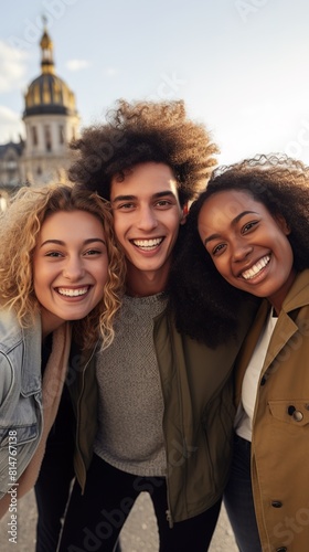 A group of young friends from diverse cultural backgrounds taking a selfie in front of famous landmarks during travels, capturing the excitement and camaraderie of exploring new destinations together photo