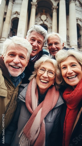 A group of mature friends from diverse cultural backgrounds taking a selfie in front of famous landmarks during travels, capturing the excitement and camaraderie of exploring new destinations together