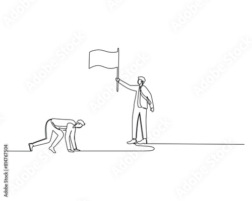 Continuous single line drawing of young energetic runner ready to sprint at start line in front of a man in a tie and suit who is holding a flag. Healthy sport training concept.