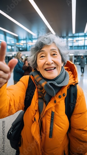 Portrait of a mature woman posing for a selfie at an airport, luggage in tow, as she embarks on a journey to explore a foreign country, highlighting the anticipation and joy of travel destinations photo