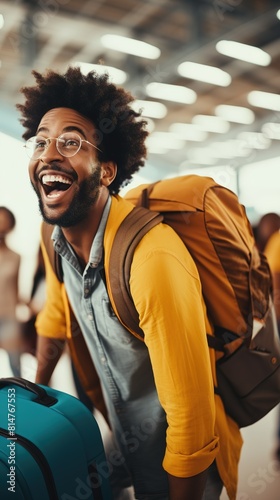 Portrait of a young black man posing for a selfie at an airport, luggage in tow, as he embarks on a journey to explore a foreign country, highlighting the anticipation and joy of travel destinations photo