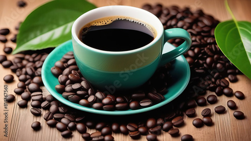 Coffee in Cup and Coffee Beans with Coffee Leaves