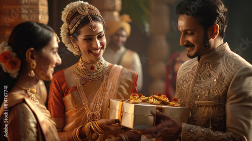 Young man giving gift box to bride and groom