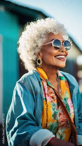 Portrait of a mature black woman posing for a selfie at an airport, luggage in tow. She embarks on a journey to explore a foreign country, highlighting the anticipation and joy of travel destinations photo