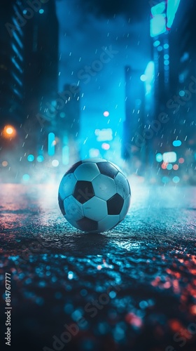 Soccer ball on wet urban street illuminated by neon lights and rain at night