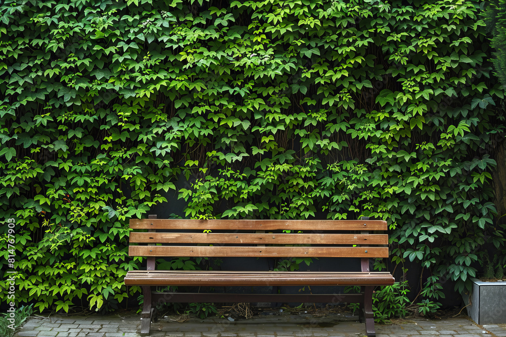 Wooden bench surrounded by lush green ivy in a peaceful park Wooden bench surrounded by lush green ivy in a peaceful park