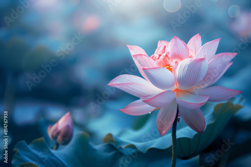 Beautiful pink lotus flower blooming in serene blue pond