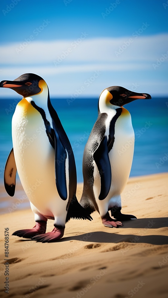 Fototapeta premium two penguins on a beach ,Falkland islands.