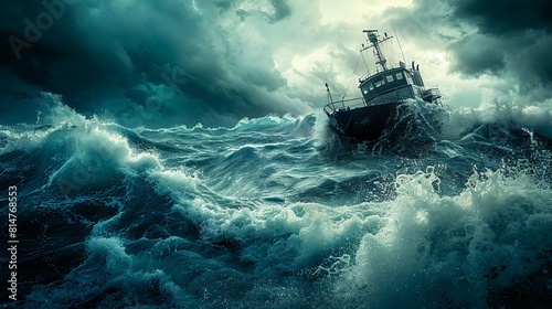 Ship amidst towering waves in a turbulent ocean scene.