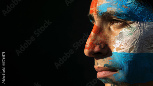 Profile of a man with dramatic face paint in the colors of the Argentine flag