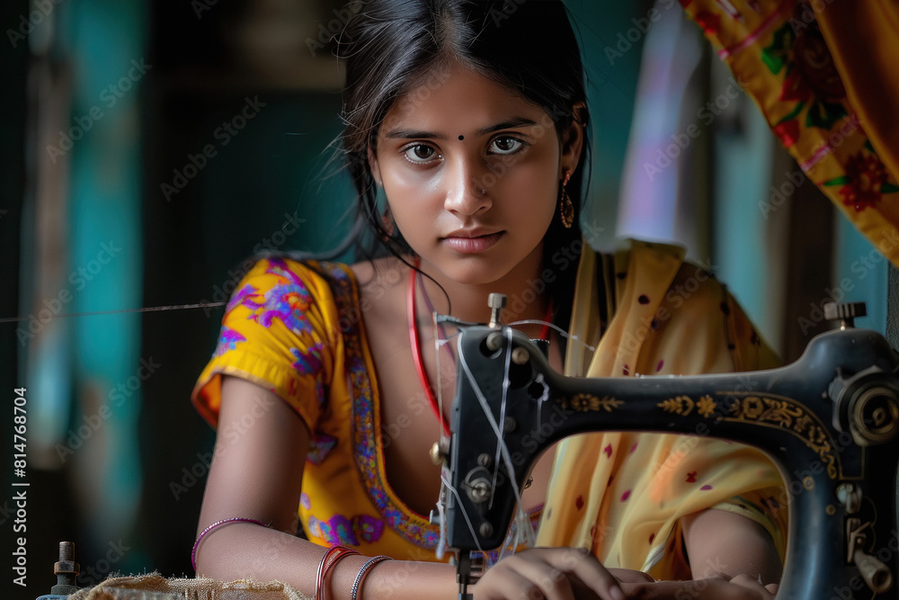 rural indian woman working on sewing machine rural indian woman working on sewing machine