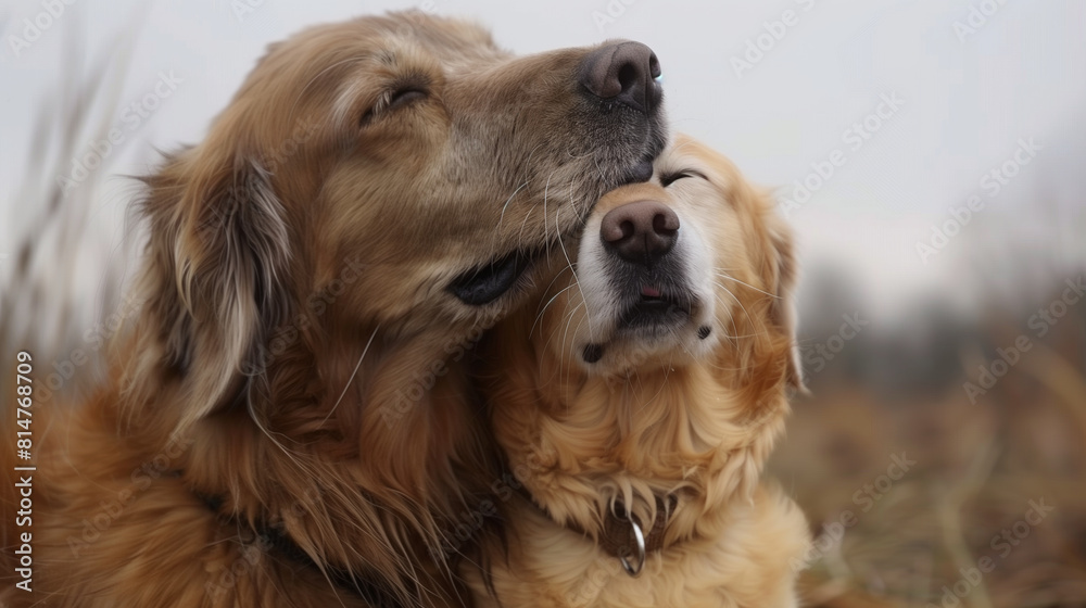 Obraz premium Two golden retrievers share a close, affectionate moment in a misty field