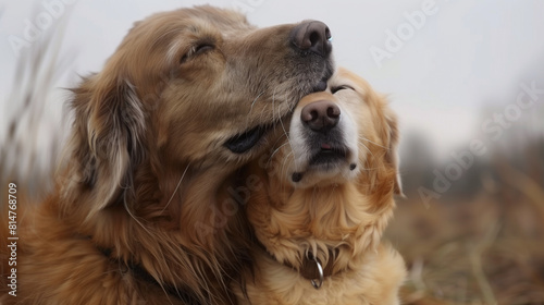 Two golden retrievers share a close, affectionate moment in a misty field