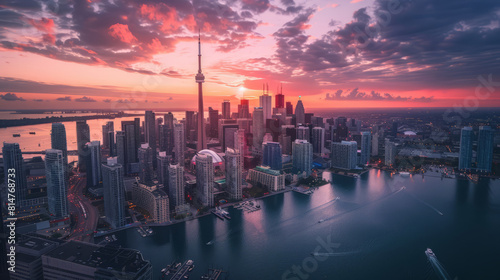 Sunset view over Toronto skyline with dramatic clouds and city lights
