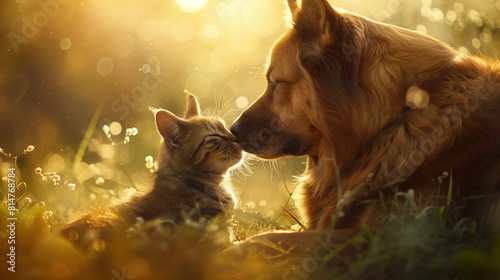 A serene moment as a dog and kitten nuzzle among shimmering sunlight and wildflowers © Elena
