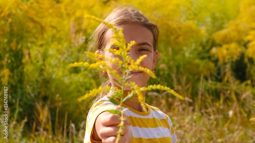 child in the ambrosia field. Selective focus.