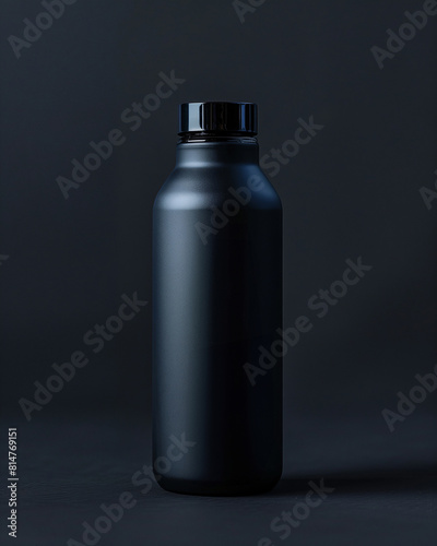 A black bottle stands on a dark background, creating a stark contrast in tones