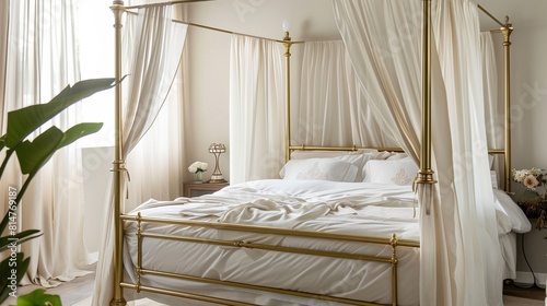 A chic bedroom with a brass canopy bed and sheer curtains © Parveen