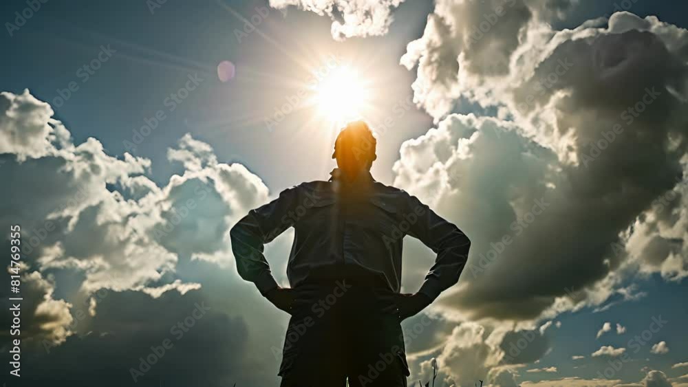 In this portrait the meteorologist is depicted in a moment of transition. They stand with their hands on their hips looking up at the sky as they observe the changing weather patterns. . In this portrait the meteorologist is depicted in a moment of transition. They stand with their hands on their hips looking up at the sky as they observe the changing weather patterns. .