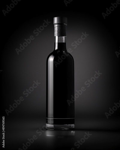 A black bottle stands against a dark background, creating a stark contrast