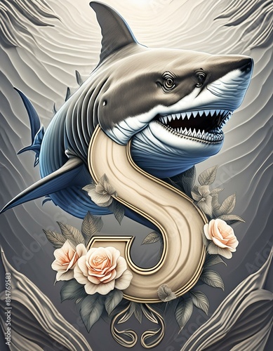 花と文字をデザインモチーフしたリアルな鮫のイラスト photo