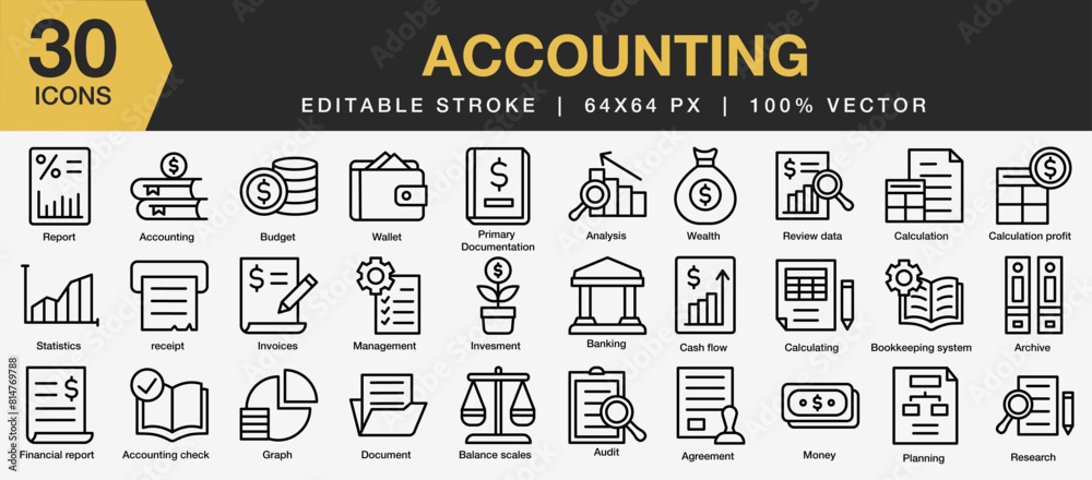 Set of 30 Accounting icon set. Editable Stroke Icon Collection. Includes report, statistics, banking, investment, money, and More. Outline icons vector collection.