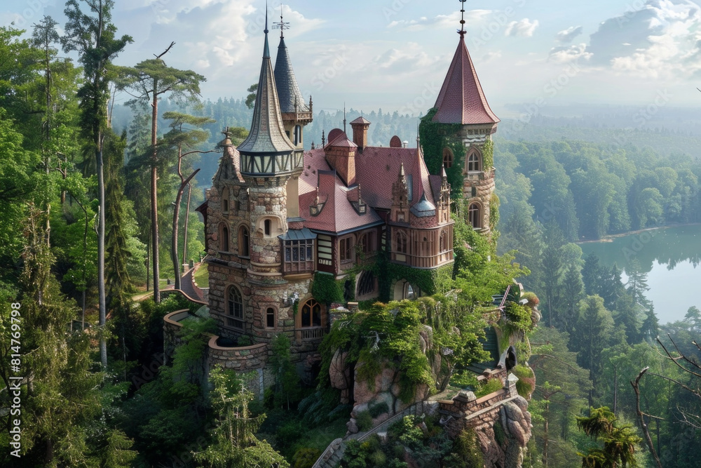 An enchanting fairy tale castle perched atop a verdant hilltop, overlooking a tranquil lake and lush forest below, with turrets, spires, and ivy-covered walls. An enchanting fairy tale castle perched atop a verdant hilltop, overlooking a tranquil lake and lush forest below, with turrets, spires, and ivy-covered walls.