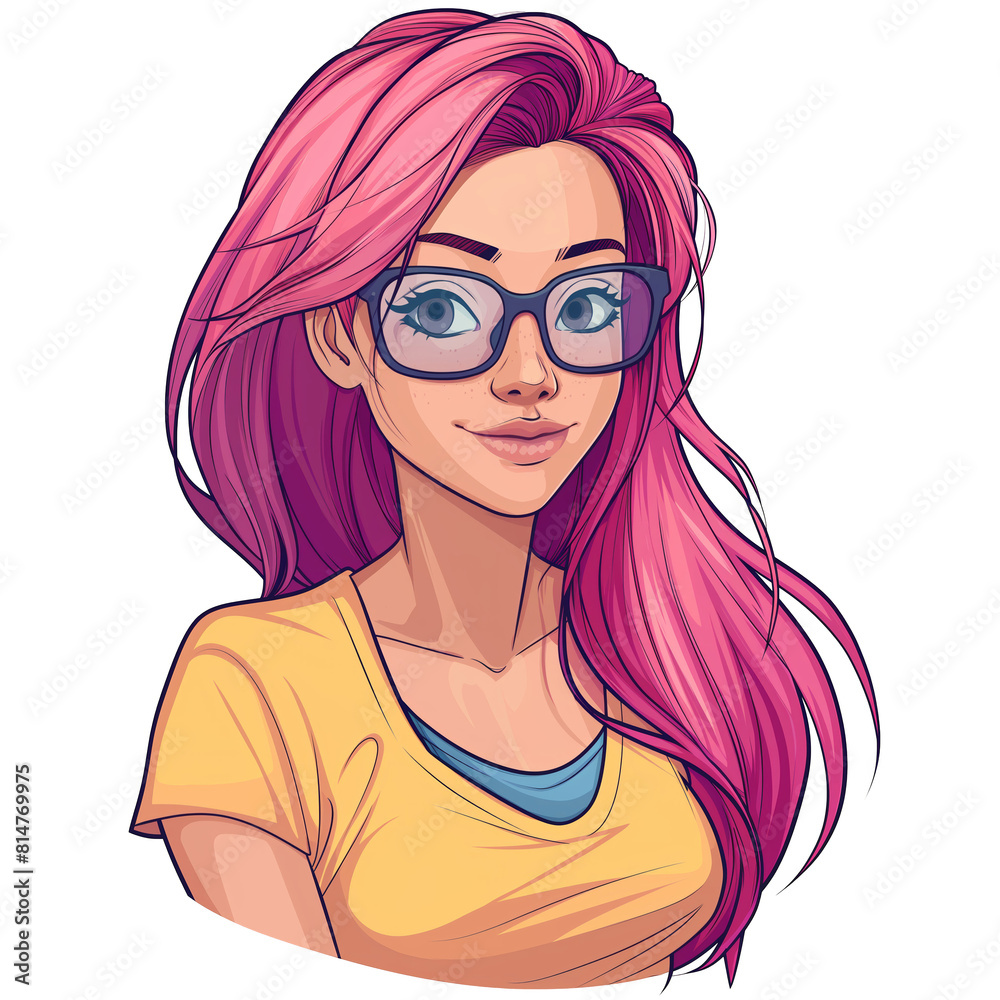 girl with pink hair wearing glasses . Clipart PNG image . Transparent background . Cartoon vector style girl with pink hair wearing glasses . Clipart PNG image . Transparent background . Cartoon vector style