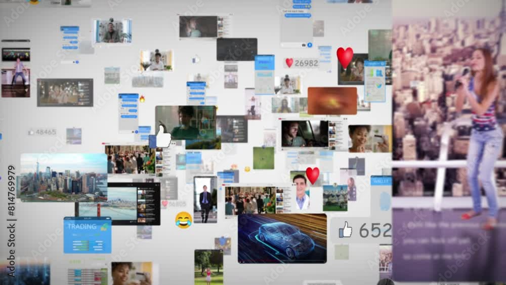 Light Digital Background with Different Online Services. Visualization of Messenger Apps, Dating Profiles, Finance Wallet, Entertainment Viral Videos, Avatars, Emoji, Profiles. Metaverse.