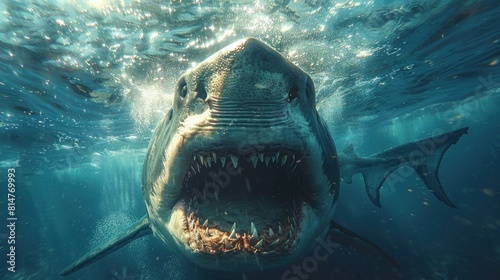 photo of a sea shark from below. Open toothed mouth with many teeth. Underwater blue sea waves photo