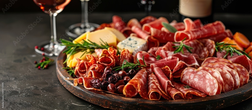photo of Plate with assorted delicious deli meats, cheese and wine glasses on isolated black background photo of Plate with assorted delicious deli meats, cheese and wine glasses on isolated black background