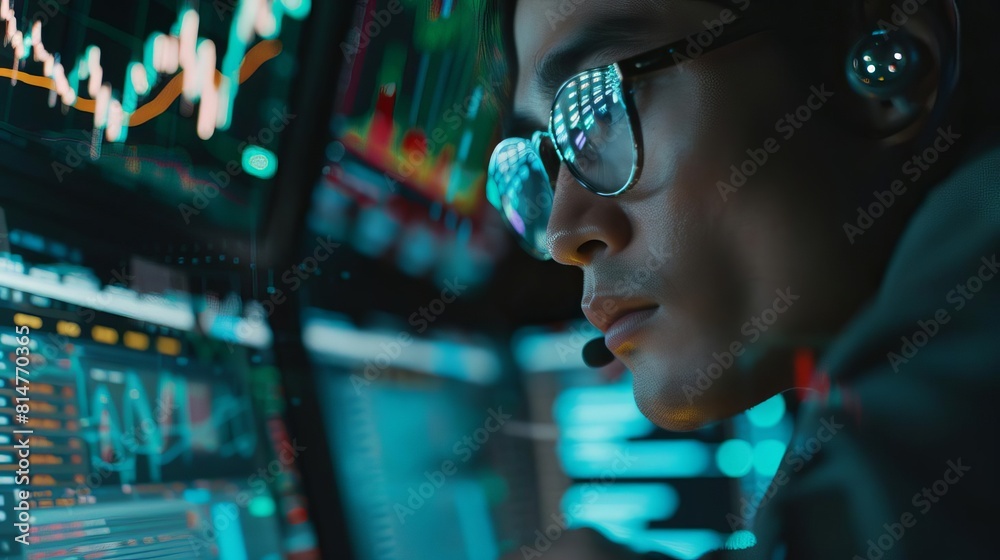 An action shot of someone trading cryptocurrencies on their laptop, intense focus on their face, with graphs and digital currencies displayed on the screen An action shot of someone trading cryptocurrencies on their laptop, intense focus on their face, with graphs and digital currencies displayed on the screen
